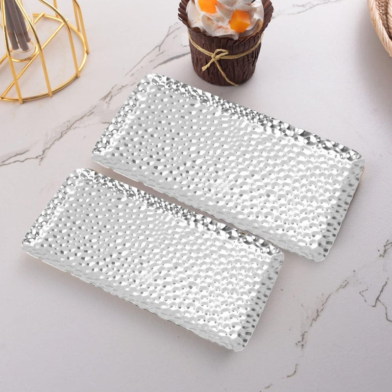 OUKA Decorative Tray, Bathroom Counter Organizer, Vanity Tray, Kitchen Counter Storage, Hammered Platter, 3.7 x 7.7in(Silver) - Image 2