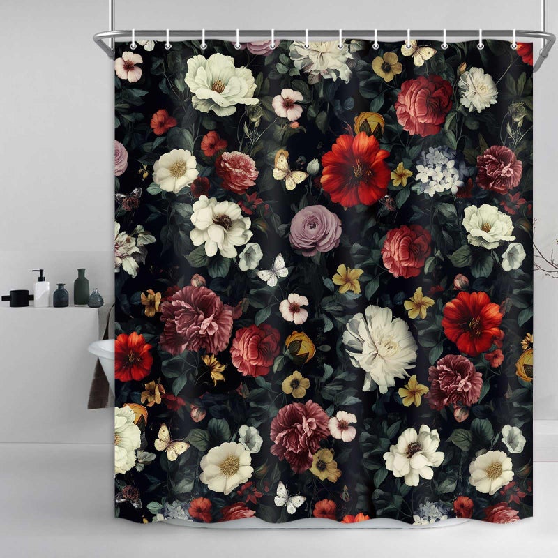 Drgilau Floral Shower Curtain  Vintage Floral Shower Curtain Set Red Flower Plants Bathroom Curtain  Boho Floral Shower Curtain Set with Hooks for Bathroom Decor 60X72 Inch - Image 1