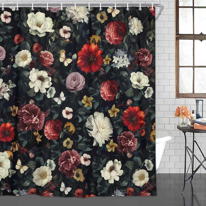 Drgilau Floral Shower Curtain  Vintage Floral Shower Curtain Set Red Flower Plants Bathroom Curtain  Boho Floral Shower Curtain Set with Hooks for Bathroom Decor 60X72 Inch - Image 2