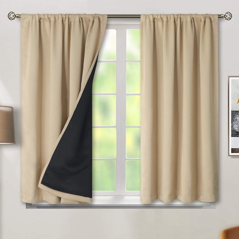 BGment Thermal Insulated 100% Blackout Curtains for Bedroom with Black Liner  Double Layer Full Room Darkening Noise Reducing Rod Pocket Curtain (52 x 45 Inch  Beige  2 Panels) - Image 1