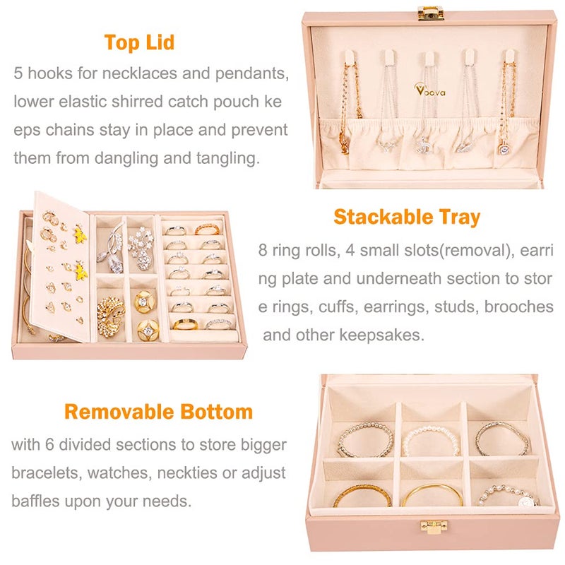 Voova Jewelry Box Organizer for Women Girls, 2 Layer Large Men Jewelry Storage Case, PU Leather Display Jewellery Holder with Removable Tray for Necklace Earrings Rings Bracelets, Vintage Gift, Pink - Image 2
