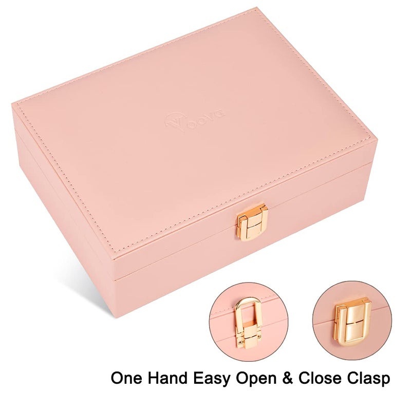 Voova Jewelry Box Organizer for Women Girls, 2 Layer Large Men Jewelry Storage Case, PU Leather Display Jewellery Holder with Removable Tray for Necklace Earrings Rings Bracelets, Vintage Gift, Pink - Image 5