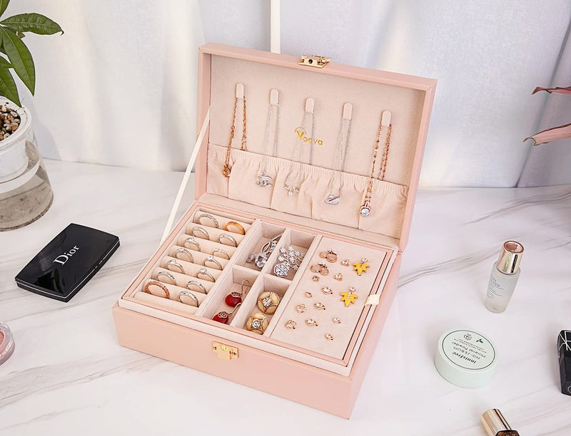 Voova Jewelry Box Organizer for Women Girls, 2 Layer Large Men Jewelry Storage Case, PU Leather Display Jewellery Holder with Removable Tray for Necklace Earrings Rings Bracelets, Vintage Gift, Pink - Image 4