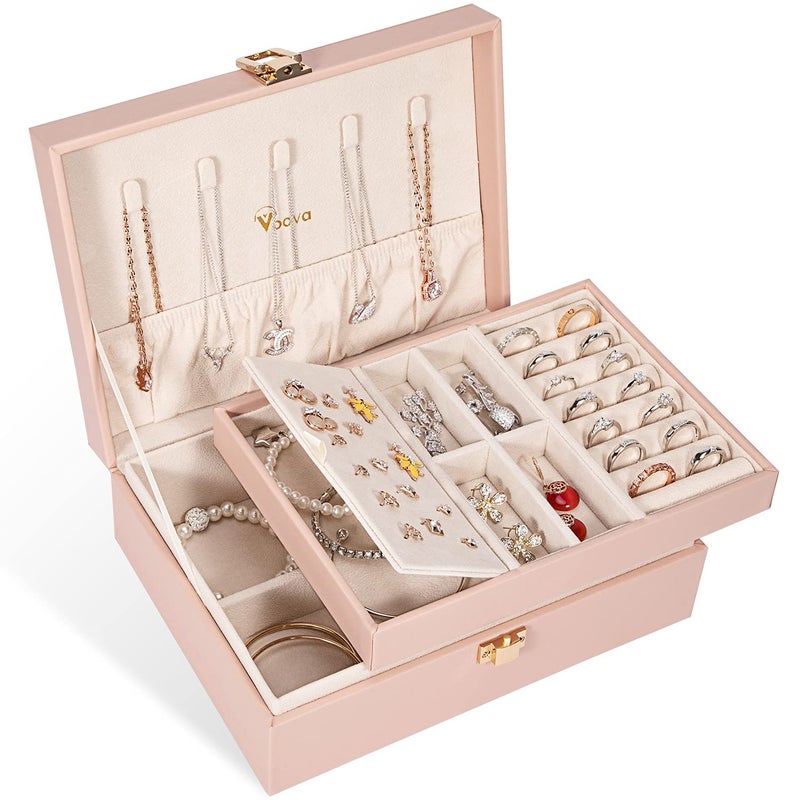 Voova Jewelry Box Organizer for Women Girls, 2 Layer Large Men Jewelry Storage Case, PU Leather Display Jewellery Holder with Removable Tray for Necklace Earrings Rings Bracelets, Vintage Gift, Pink - Image 1