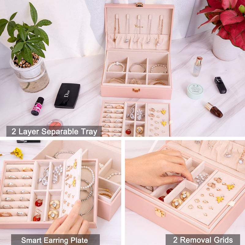 Voova Jewelry Box Organizer for Women Girls, 2 Layer Large Men Jewelry Storage Case, PU Leather Display Jewellery Holder with Removable Tray for Necklace Earrings Rings Bracelets, Vintage Gift, Pink - Image 3