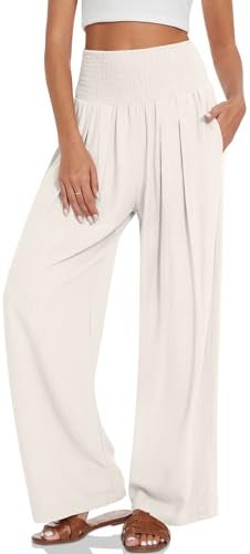 UEU Women's Linen Palazzo Pants Wide Leg High Waisted Lounge Boho Casual Loose Beach Pants with Pockets Milky White - Image 4