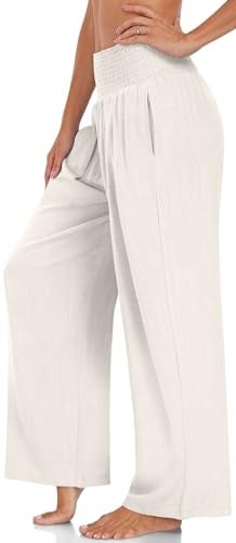 UEU Women's Linen Palazzo Pants Wide Leg High Waisted Lounge Boho Casual Loose Beach Pants with Pockets Milky White - Image 3