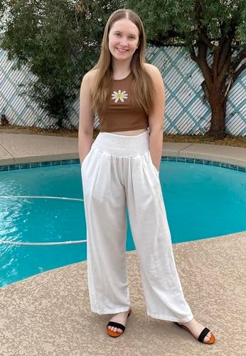 UEU Women's Linen Palazzo Pants Wide Leg High Waisted Lounge Boho Casual Loose Beach Pants with Pockets Milky White - Image 5