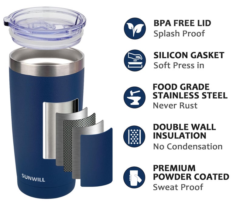 SUNWILL 20oz Tumbler with Lid, Stainless Steel Vacuum Insulated Double Wall Travel Tumbler, Durable Insulated Coffee Mug, Powder Coated Navy, Thermal Cup with Splash Proof Sliding Lid - Image 2