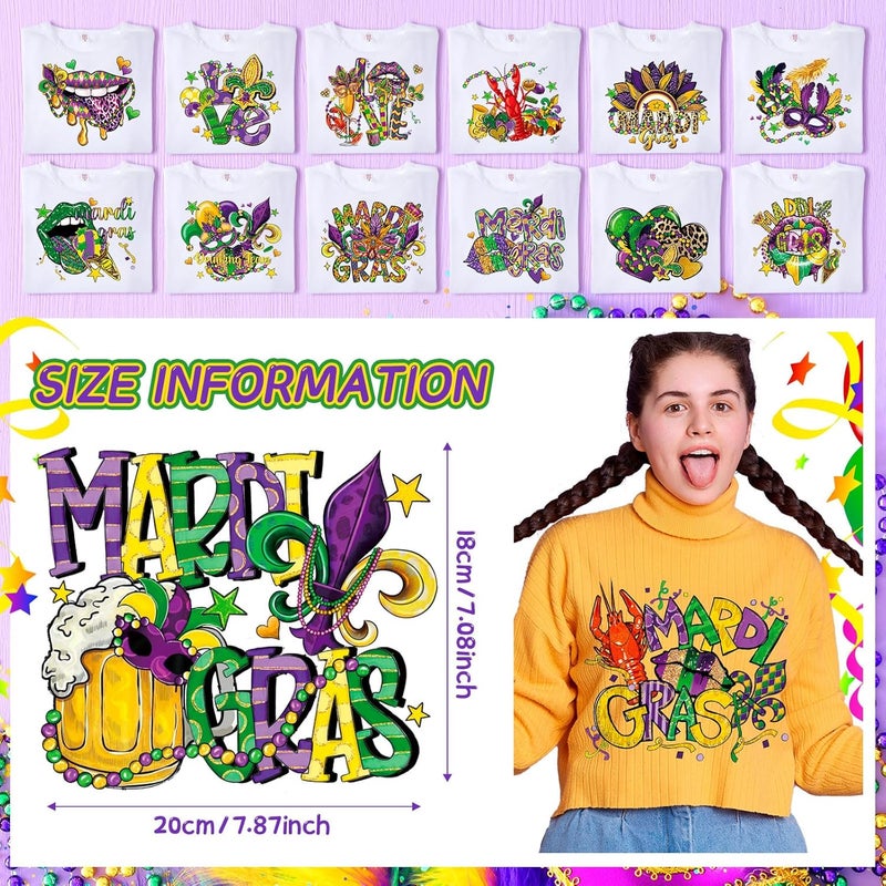 Glenmal 36 Sheets Mardi Gras Heat Transfer Stickers Masquerade Mask Clown Dwarf Lips Pattern Iron on Green Purple Yellow Iron on Transfers Stickers for Mardi Gras Party Favors DIY Craft - Image 2