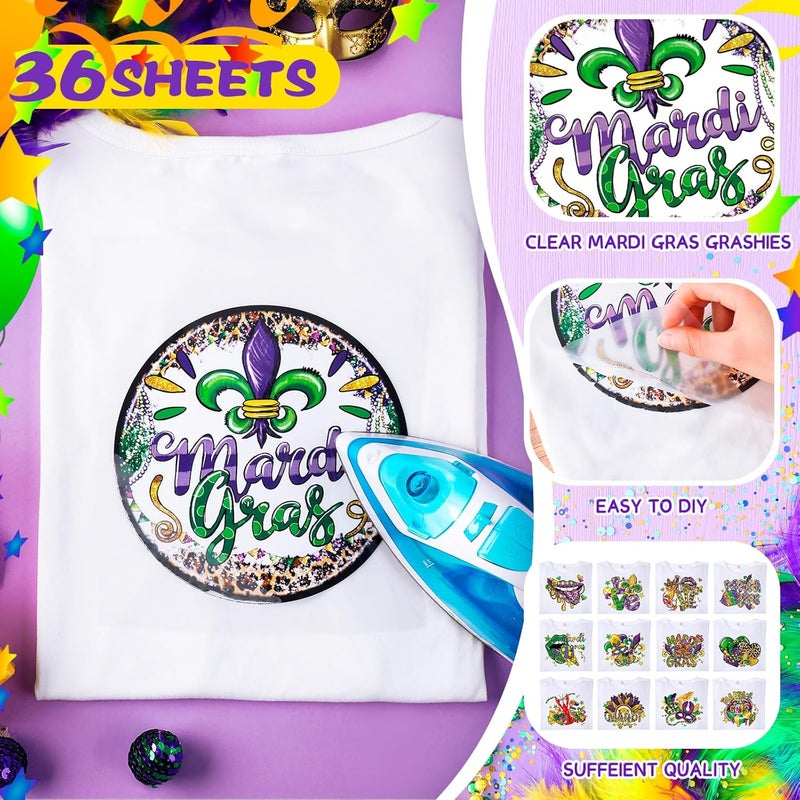 Glenmal 36 Sheets Mardi Gras Heat Transfer Stickers Masquerade Mask Clown Dwarf Lips Pattern Iron on Green Purple Yellow Iron on Transfers Stickers for Mardi Gras Party Favors DIY Craft - Image 3