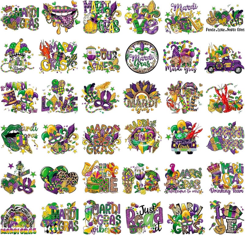 Glenmal 36 Sheets Mardi Gras Heat Transfer Stickers Masquerade Mask Clown Dwarf Lips Pattern Iron on Green Purple Yellow Iron on Transfers Stickers for Mardi Gras Party Favors DIY Craft - Image 1