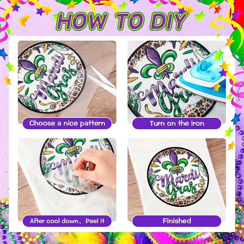 Glenmal 36 Sheets Mardi Gras Heat Transfer Stickers Masquerade Mask Clown Dwarf Lips Pattern Iron on Green Purple Yellow Iron on Transfers Stickers for Mardi Gras Party Favors DIY Craft - Image 4