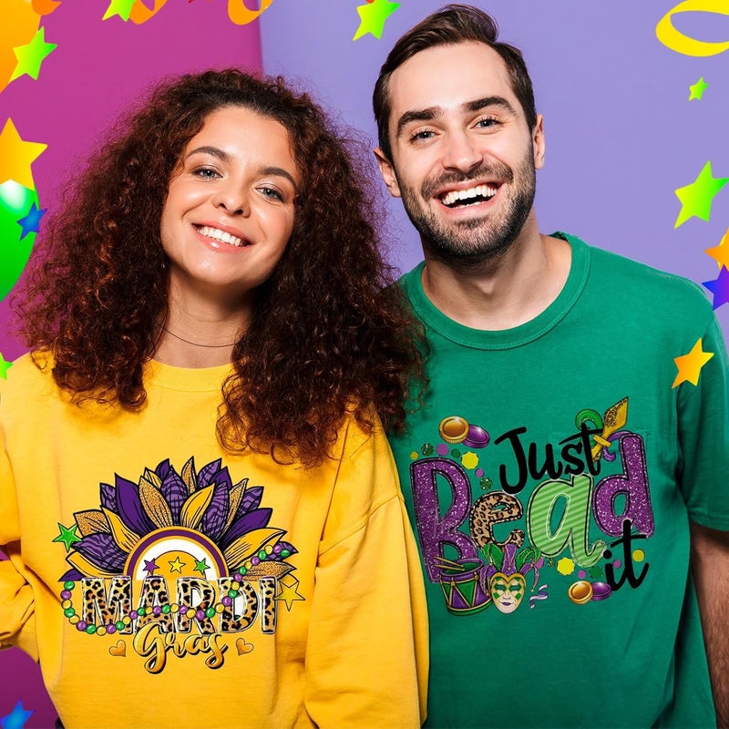 Glenmal 36 Sheets Mardi Gras Heat Transfer Stickers Masquerade Mask Clown Dwarf Lips Pattern Iron on Green Purple Yellow Iron on Transfers Stickers for Mardi Gras Party Favors DIY Craft - Image 5