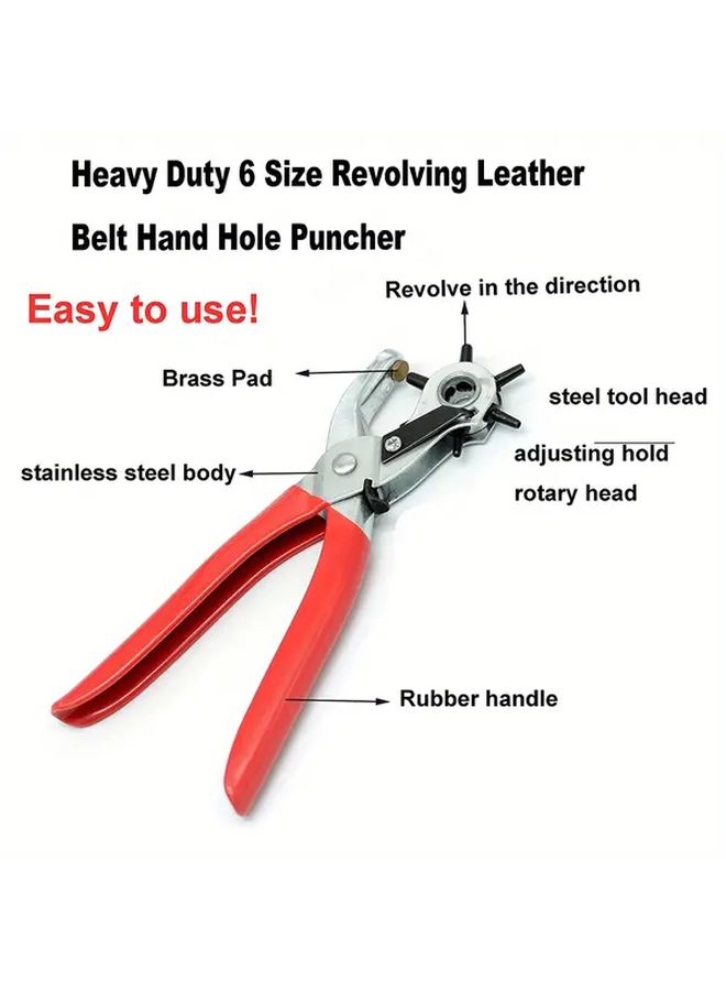 9 Inch Heavy Duty Faux Leather Hole Punch 6 Size Rotating Manual Tool Red Rubber Handle Metal Body No Electricity Needed For Belts Shoes And Crafts - Image 2