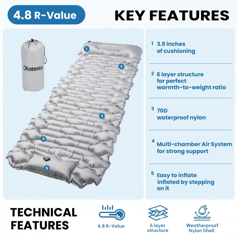 Olaterior Camping Sleeping Pad with 4.8 R-Value, Ultralight Camping Mat with Pillow and Built-in Foot Pump, Inflatable Sleeping Mat Compact for Outdoor Hiking, Camping, Backpacking, Hiking, Traveling, Tent - Image 5