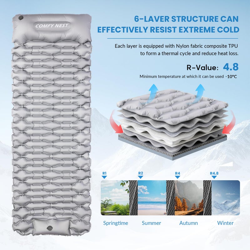 Olaterior Camping Sleeping Pad with 4.8 R-Value, Ultralight Camping Mat with Pillow and Built-in Foot Pump, Inflatable Sleeping Mat Compact for Outdoor Hiking, Camping, Backpacking, Hiking, Traveling, Tent - Image 3
