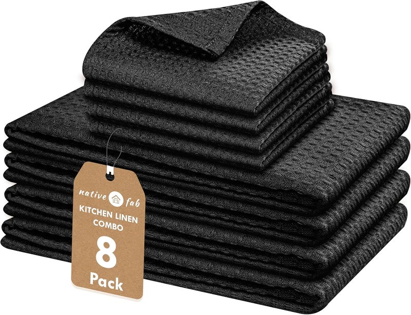 Native Fab Cotton Kitchen Towel  Dishcloths Set  8 Pieces Ultra Absorbent Washable Quick Drying Durable Towels for Cooking Cleaning Baking  Ideal for Home Restaurants Cafes  Black - Image 1