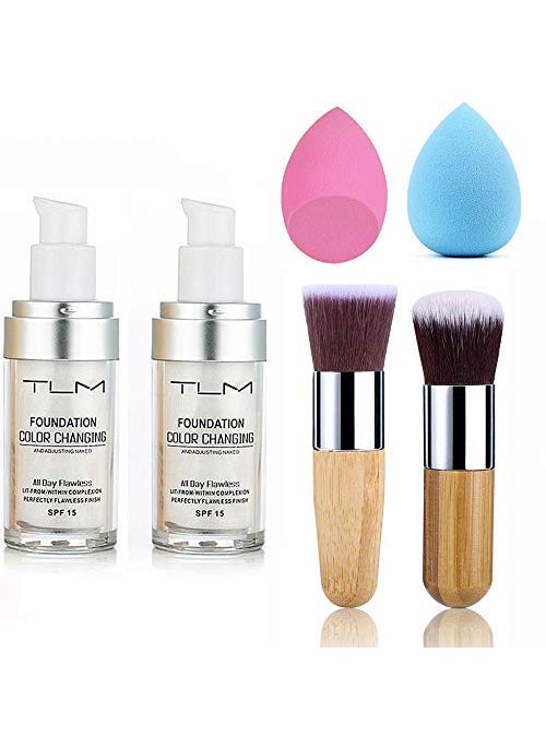 Ucanbe - 2pcs TLM Color Changing Foundation Liquid with 2 Brushes and 2 Cosmetics Sponge Flawless Full Coverage Natural Color Face Primer Base Makeup 30ml - Image 1