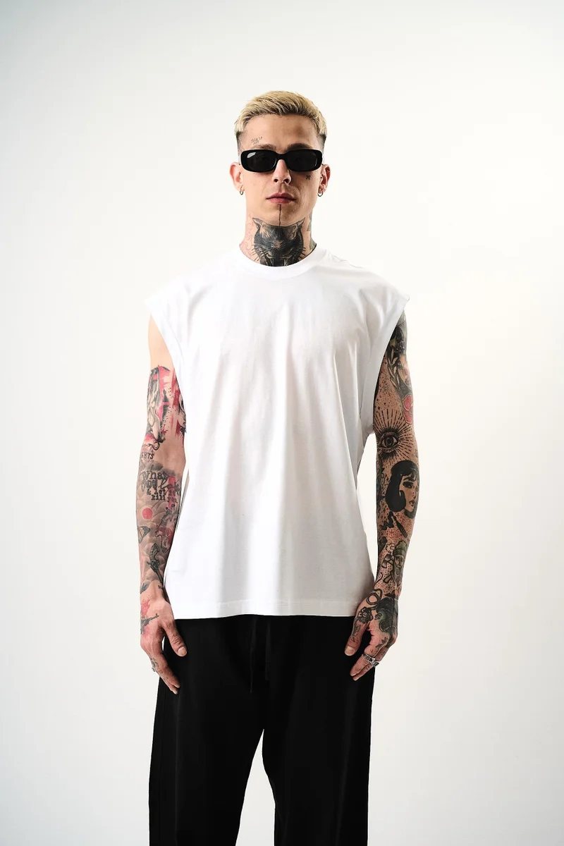 RESPIRE Men's Basic Sleeveless Oversize T-Shirt, White