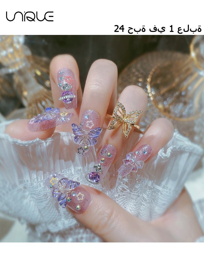 Unique 24Pcs Fake Nails, Press Nails, Mid-length Ballet Manicure - Sparkling Purple Diamond Manicure - Three-dimensional Purple Butterfly Star Manicure - Fake Nail Patch - Image 1