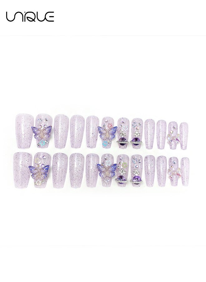 Unique 24Pcs Fake Nails, Press Nails, Mid-length Ballet Manicure - Sparkling Purple Diamond Manicure - Three-dimensional Purple Butterfly Star Manicure - Fake Nail Patch - Image 4