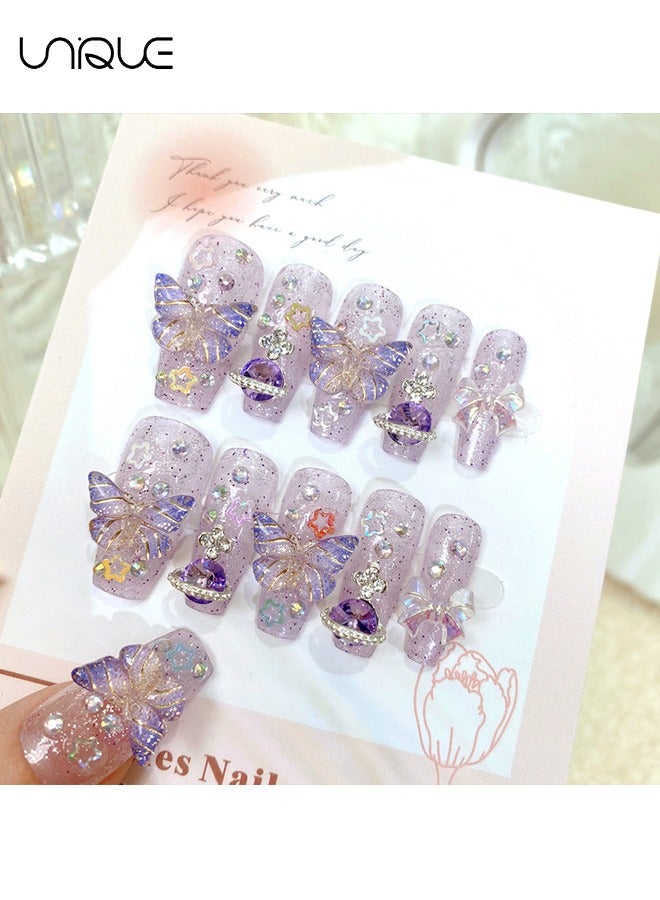 Unique 24Pcs Fake Nails, Press Nails, Mid-length Ballet Manicure - Sparkling Purple Diamond Manicure - Three-dimensional Purple Butterfly Star Manicure - Fake Nail Patch - Image 2