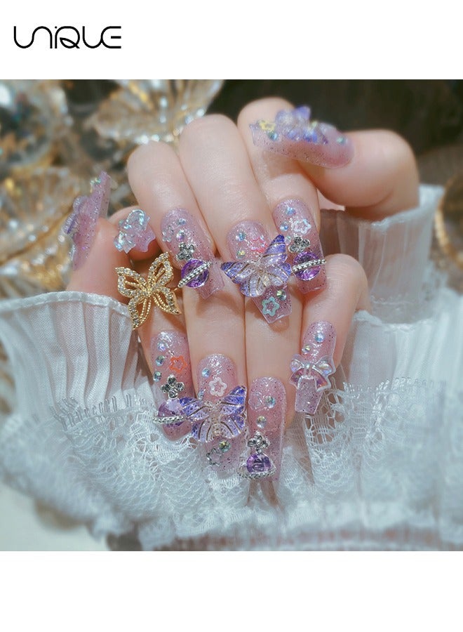 Unique 24Pcs Fake Nails, Press Nails, Mid-length Ballet Manicure - Sparkling Purple Diamond Manicure - Three-dimensional Purple Butterfly Star Manicure - Fake Nail Patch - Image 3