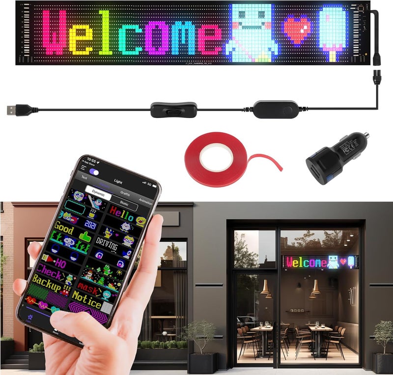 FAHKNS لوحة مصفوفة LED قابلة للبرمجة من ، لافتة إعلانية متحركة ضخمة ومشرقة ومرنة، لافتة LED مع تحكم عبر تطبيق Bluetooth للسيارات والمتاجر والإعلانات والحفلات، مقاس 19 بوصة × 5 أقدام - Image 1
