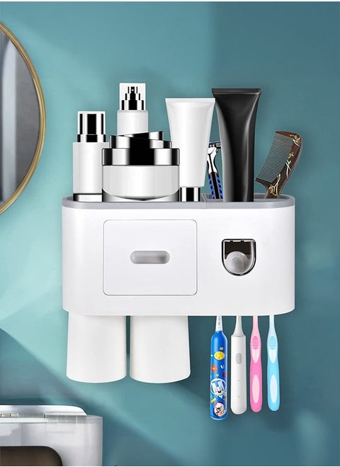 Automatic Wall Mounted Toothpaste Dispenser And Toothbrush Holder With Two Magnetic Cups