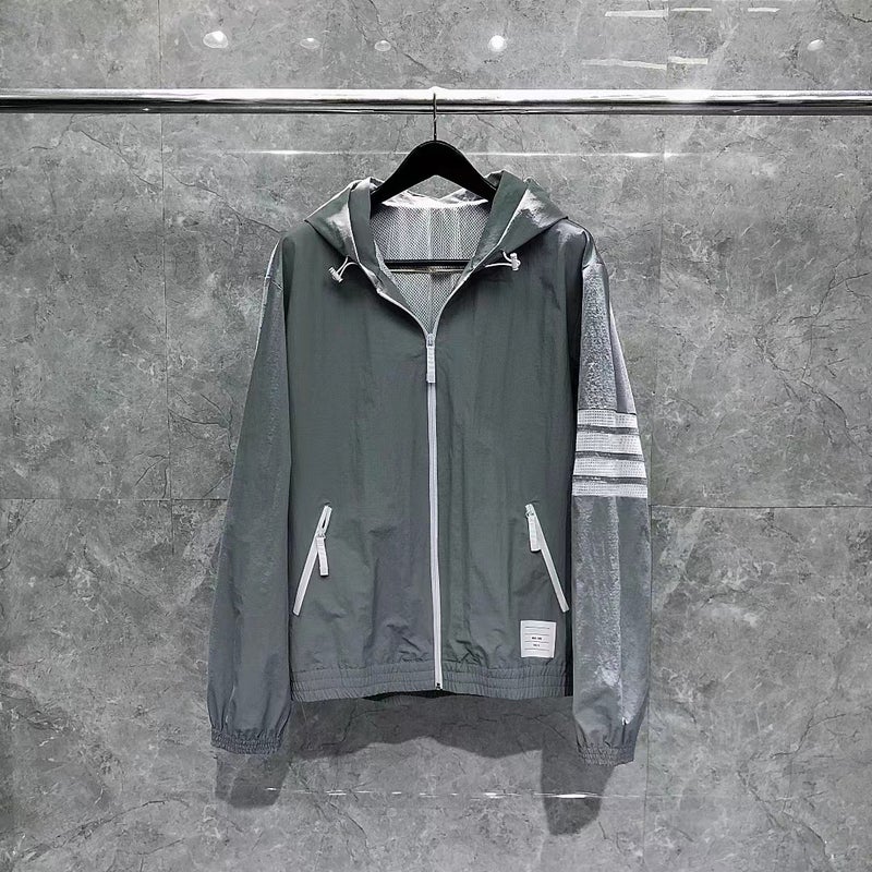 Autumn Winter Unisex Mesh Hooded Jacket Striped Grey 