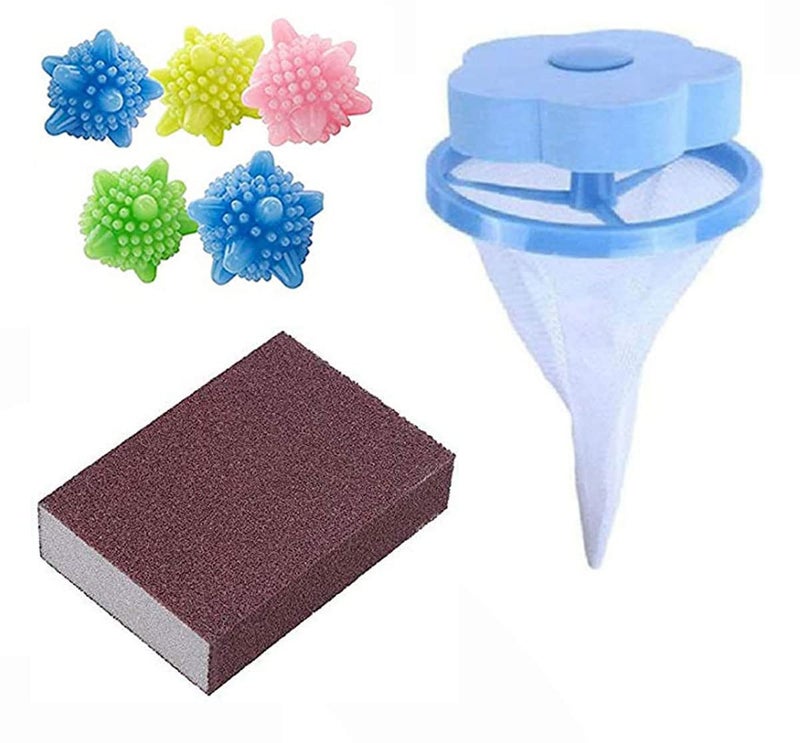 عرض مثير أفضل مجموعة تنظيف 1 قطعة فلتر شبكة غسالة 5 قطع كرات غسيل قابلة لإعادة الاستخدام 1 قطعة إسفنجة فرك سطح صلب بني اللون مثل ورق الصنفرة - Image 1