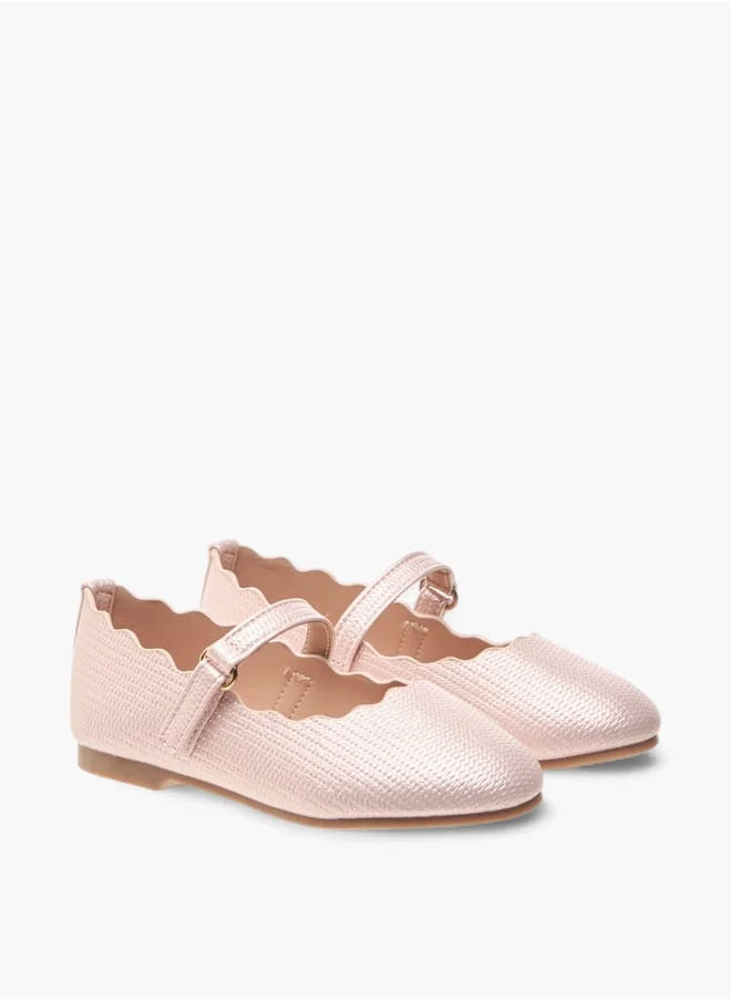 جونيورز Girls Scallop Detail Ballerina Shoes with Hook and Loop Closure