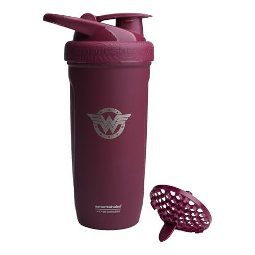 SmartShake زجاجة خلط بروتين ستانلس ستيل سمارت شيك DC COMICS ريفورس 900 مل | 30 أونصة - غطاء لولبي مانع للتسرب - خالي من BPA - للجنسين - غير معزول - شعار وندر وومن - Image 1