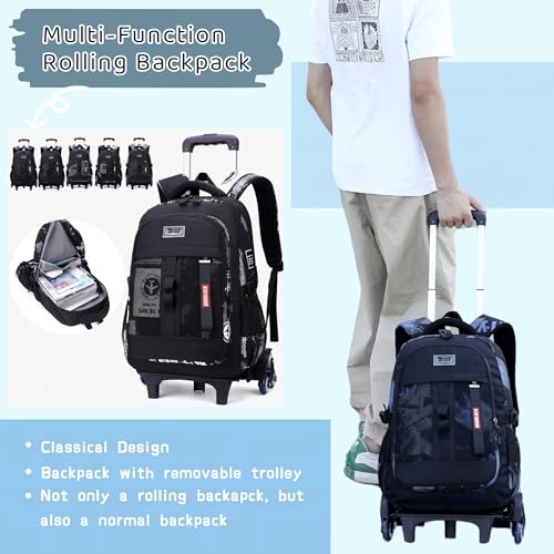 Bansusu Camo Boys Rolling Backpacks for Kids School, Capacity Wheeled Bookbags Elementary School Bags Back Packs with 6 Wheels - Image 2