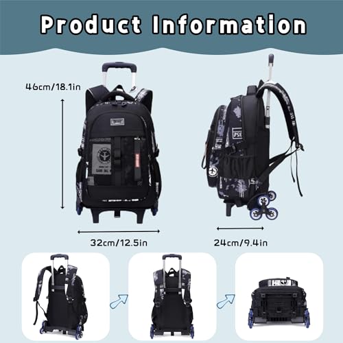 Bansusu Camo Boys Rolling Backpacks for Kids School, Capacity Wheeled Bookbags Elementary School Bags Back Packs with 6 Wheels - Image 3