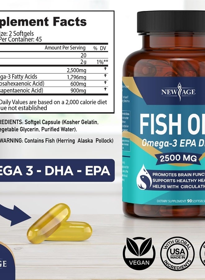 New Age Omega 3 Fish Oil 2500mg Supplement Immune & Helath Support – Promotes Joint, Eye & Skin Health - Non GMO - EPA, DHA Fatty Acids Gluten Free (180 Softgels (Pack of 2)) - Image 2