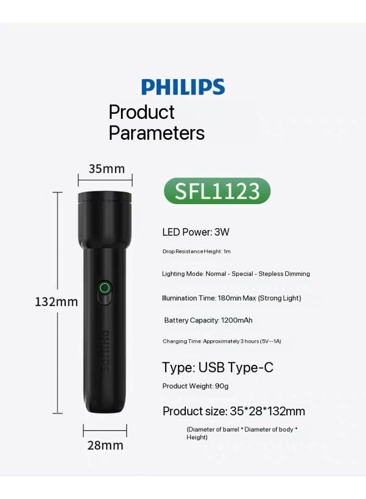 Philips Zoom Flashlight: COB Side Light, Type-C Charging, Stepless Dimming, Outdoor Emergency Light Black-SFL1123 - Image 5