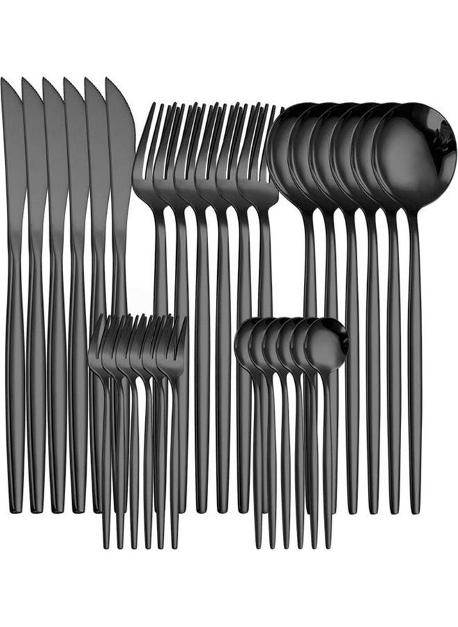 Aralifes 30-Piece Stainless Steel Knife Fork Spoon Full Set  for Home Office Restaurant Hotel Black 20cm 