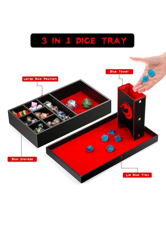 DNDND 3 In 1 Dnd Dice Tray Dice Tower And Dice Storage, Portable Rectangle Storage With Lid For Table Game Dungeons And Dragons D&D Or Tabletop Rgp Gaming (Red Velvet And Black Pu Leather)  - Image 3