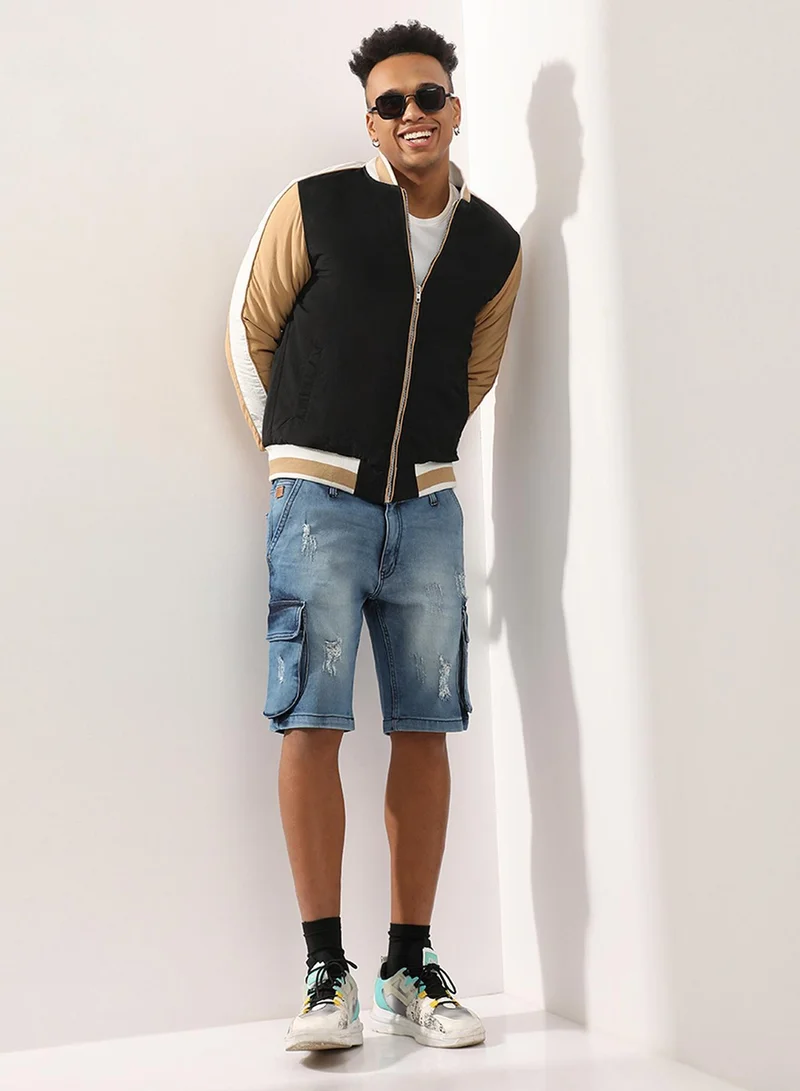 كامبوس سوترا سترة منتفخة باللونين الأسود والبيج للرجال مع حاشية مضلعة