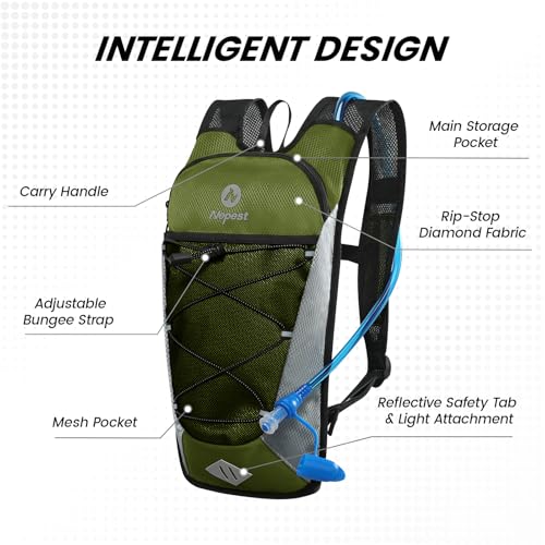 Nepest Hydration Backpack with 2L Water Bladder for Cycling Water Backpack for Hiking Running Lightweight Hydration Pack Green - Image 3
