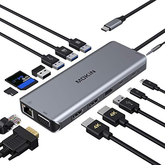 Mokin UC0218 USB C DOCKING STATION, 14 IN 1 USB C ADAPTER TO DUAL 4K HDMI (ONLY FOR DP1.4), GIGABIT ETHERNET, USB 3.0/2.0, 100W PD, 5GBPS USB-C PORT, SD/TF CARD READER FOR LENOVO YOGA 920 - Image 1