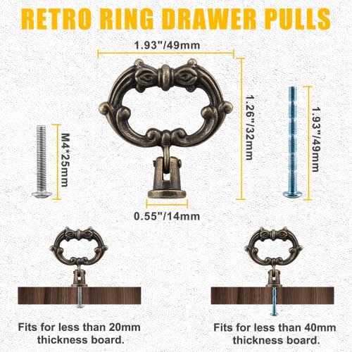Luomorgo 6 Pcs Antique Bronze Drop Ring Drawer Pulls Vintage Cabinet Pull Handles Small Decorative Dresser Ring Pulls Metal Pull Ring Handle for Kitchen Cabinets Cupboard - Image 3