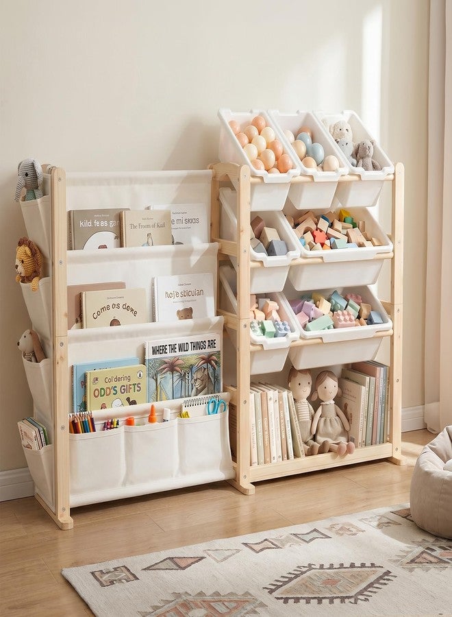 Fodoss Book Shelf for Kids Rooms - Toy Storage Organizer with Bookshelf, Solid Wood Kids Bookshelf with 7 Bins, Side Storage Pockets, Large Toy Organization for Nursery, Natural Pine - Image 1
