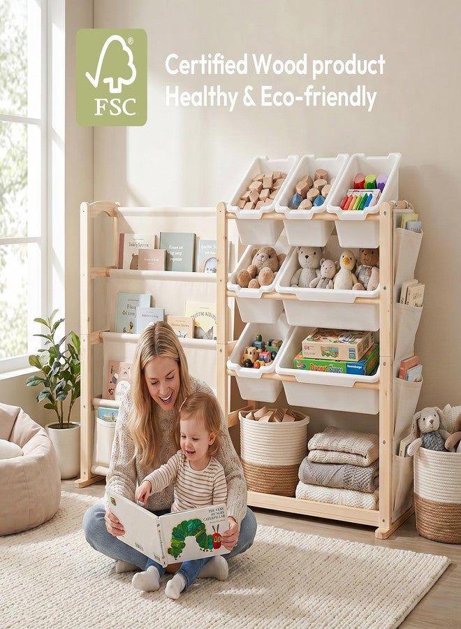 Fodoss Book Shelf for Kids Rooms - Toy Storage Organizer with Bookshelf, Solid Wood Kids Bookshelf with 7 Bins, Side Storage Pockets, Large Toy Organization for Nursery, Natural Pine - Image 4
