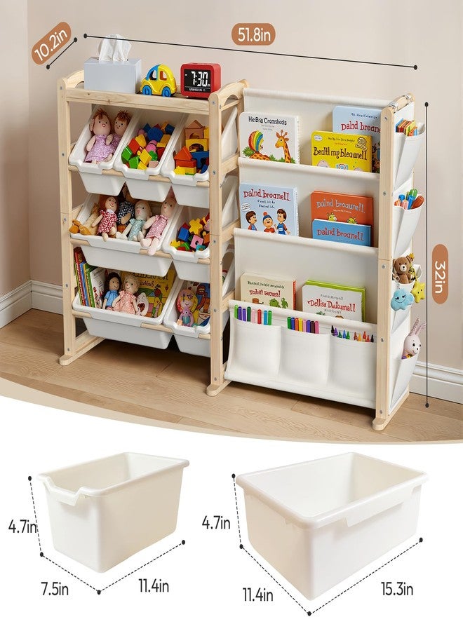 Fodoss Book Shelf for Kids Rooms - Toy Storage Organizer with Bookshelf, Solid Wood Kids Bookshelf with 7 Bins, Side Storage Pockets, Large Toy Organization for Nursery, Natural Pine - Image 2