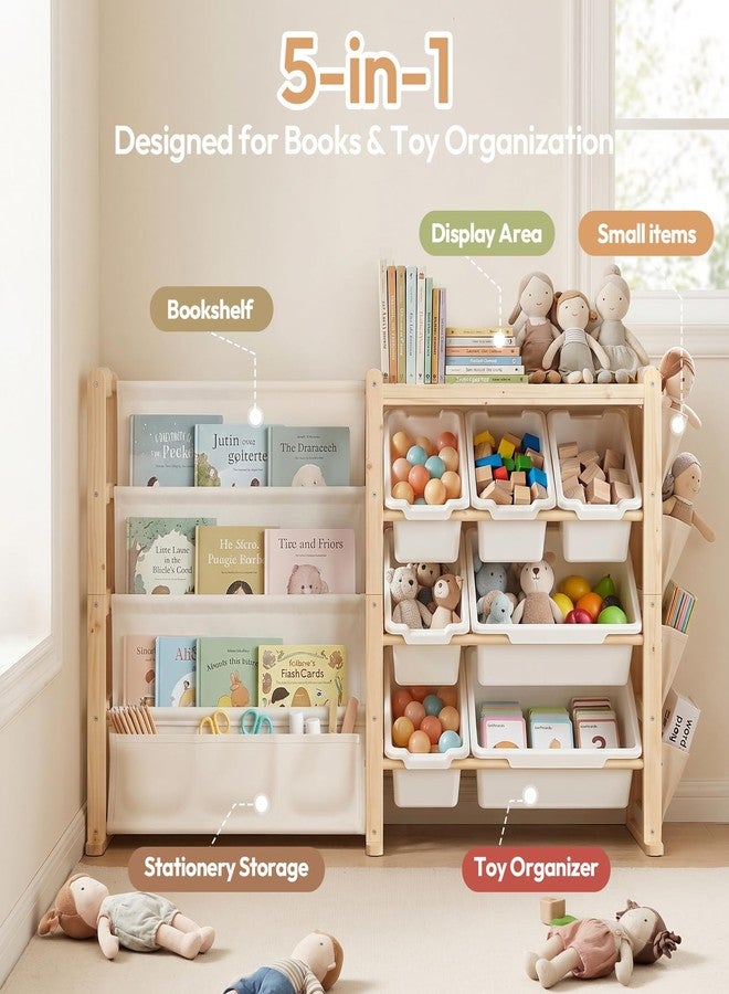 Fodoss Book Shelf for Kids Rooms - Toy Storage Organizer with Bookshelf, Solid Wood Kids Bookshelf with 7 Bins, Side Storage Pockets, Large Toy Organization for Nursery, Natural Pine - Image 5