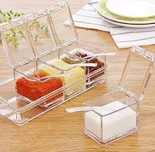 GNEXIN Crystal Seasoning 4 Section Transparent Acrylic Box Pepper Salt Spice Rack Cooking Salt Spice Rack Plastic 4 Box with Spoons Kitchen See Through Storage Containers - Image 3