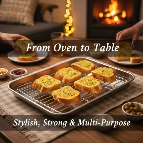 Snevad Stainless Steel Baking Tray Large Oven Pan with Cooling Rack Heavy Duty Non Toxic Rust Resistant Dishwasher Safe Perfect for Baking Cakes Pastries Muffins Snacks Roasting Grilling and Serving - Image 5